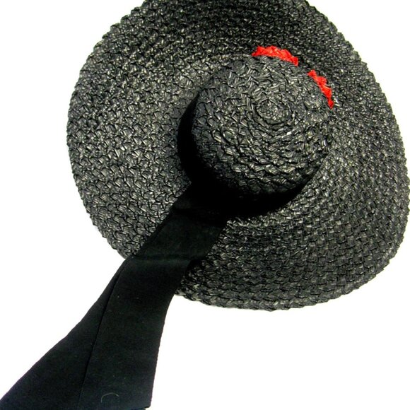 Vintage Large Black Straw Picture Hat with Red Straw Roses and Streamers - Picture 3 of 4